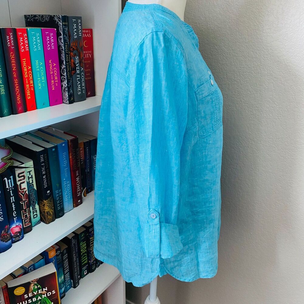Talbots Turquoise Button‑Front Casual Top 100% Linen Shirt Size Medium - Picture 3 of 7